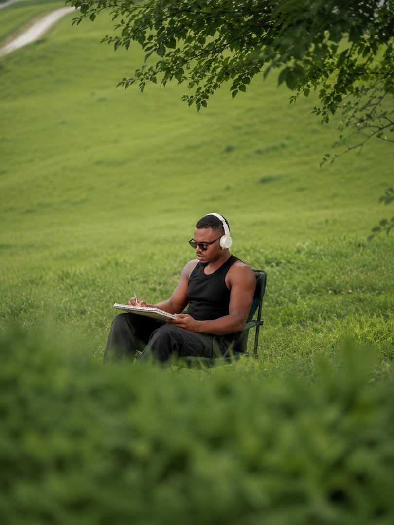 Olaibi relaxing outdoors with headphones, writing in a notebook